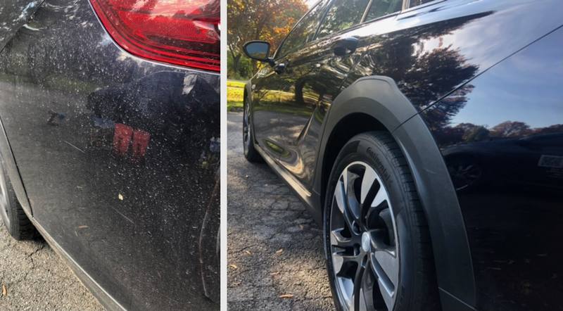 Mobile car detailing in Charlotte, NC: Black Buick Regal paint covered in dirt and water spots before, glossy and clean after