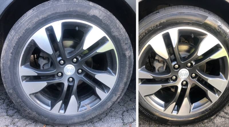 Mobile car detailing in Concord, NC: Buick wheel and tire covered in brake dust before, clean wheel and shined tire after