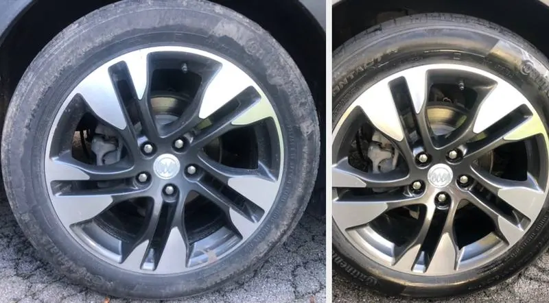 Buick wheel and tire covered in brake dust before, clean and dressed after a mobile detail