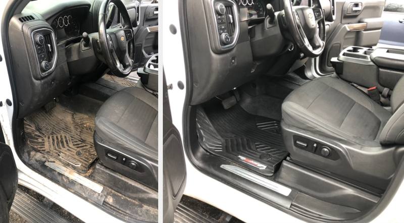 Mobile car detailing in Wesley Chapel, NC: Chevy Silverado driver side with a mud-covered floor liner before, clean after an interior detail