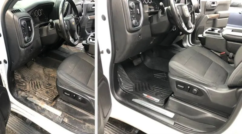 Mobile car smoke odor removal in Charlotte, NC: Chevy Silverado driver side with a mud-covered floor liner before, clean after an interior detail