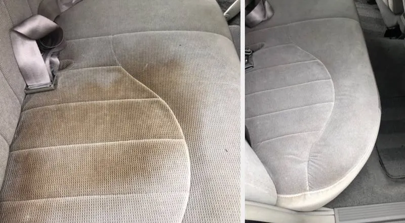 Premium mobile car detailing in Raleigh, NC: Gray cloth back seat with a large brown stain before, stain gone after upholstery cleaning