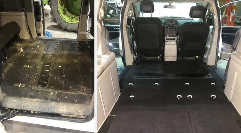Mobile car smoke odor removal in Charlotte, NC: Dodge Grand Caravan rear floor caked in dirt before, vacuumed and shampooed clean after