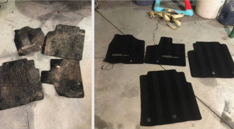 Mobile car detailing in Wesley Chapel, NC: Dodge Grand Caravan carpet floor mats covered in dirt before and cleaned after