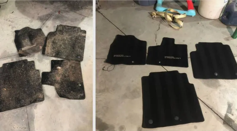 Dodge Grand Caravan floor mats caked in dirt before and clean after a full interior detail