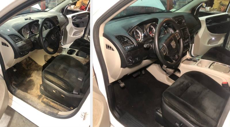 Mobile car detailing in Weddington, NC: Dodge Grand Caravan front interior with a dirty floor and dusty dash before, clean after an interior detail