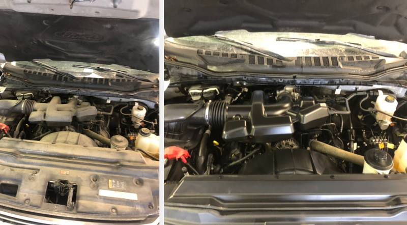 Mobile engine bay cleaning in Charlotte, NC: Ford truck engine bay covered in dust before, clean and dressed after