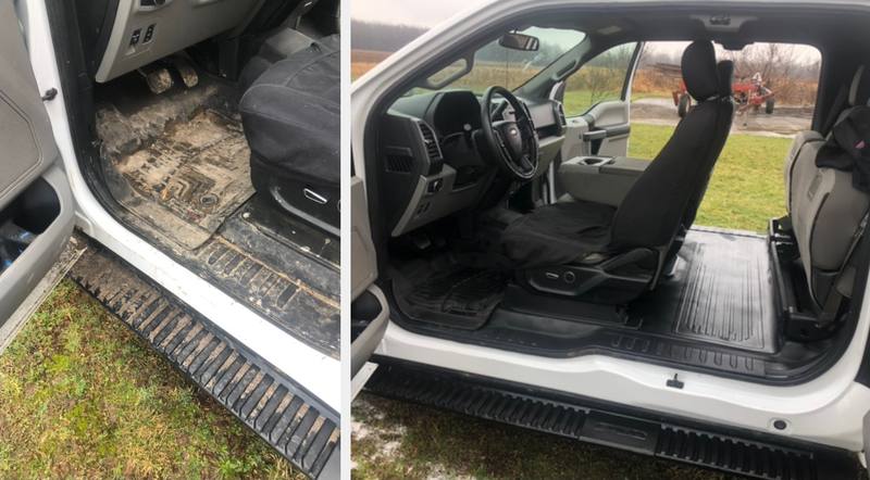 Mobile car detailing in Wesley Chapel, NC: Ford F-150 cab with muddy floor liners and running board before, clean after
