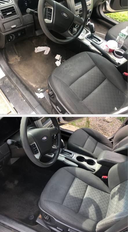 Mobile mini interior car detail in Charlotte, NC: Ford Fusion driver side with trash and a stained carpet before, cleaned after an interior detail