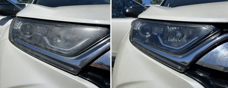 Mobile car detailing in Cornelius, NC: Cloudy, oxidized SUV headlight before and a clear headlight after restoration