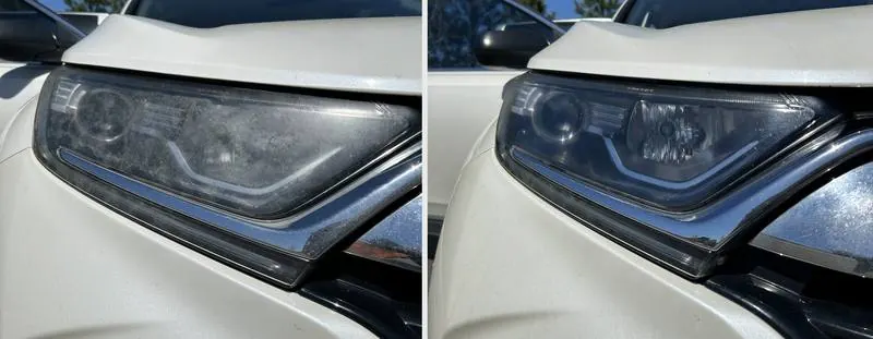 Headlight cloudy before and clear after a mobile headlight restoration