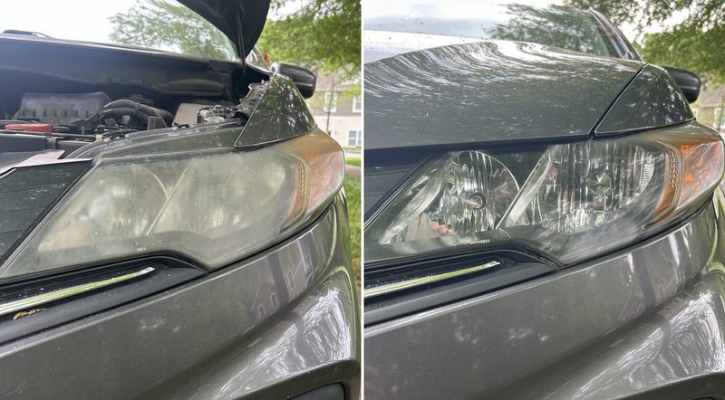 Mobile car detailing in Concord, NC: Gray Honda Civic headlight hazy and yellowed before, clear and glossy after restoration