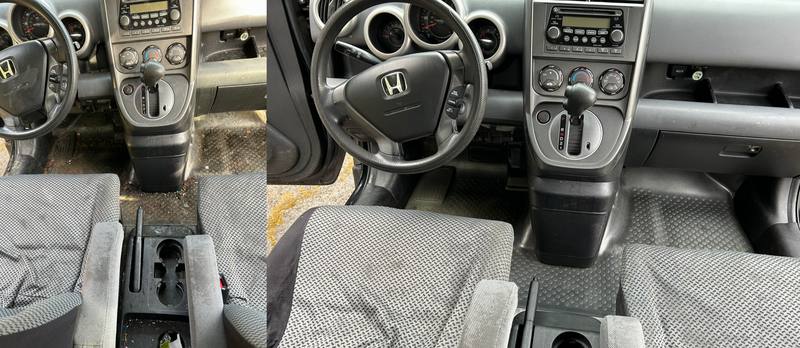 Mobile car detailing in Wesley Chapel, NC: Honda Element front cabin with dirty rubber floors and crumbs in the console before, clean after