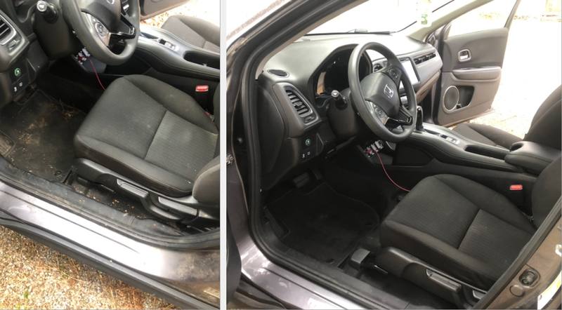 Mobile car detailing in Wesley Chapel, NC: Honda HR-V driver side with a dirty floor before, vacuumed and clean after