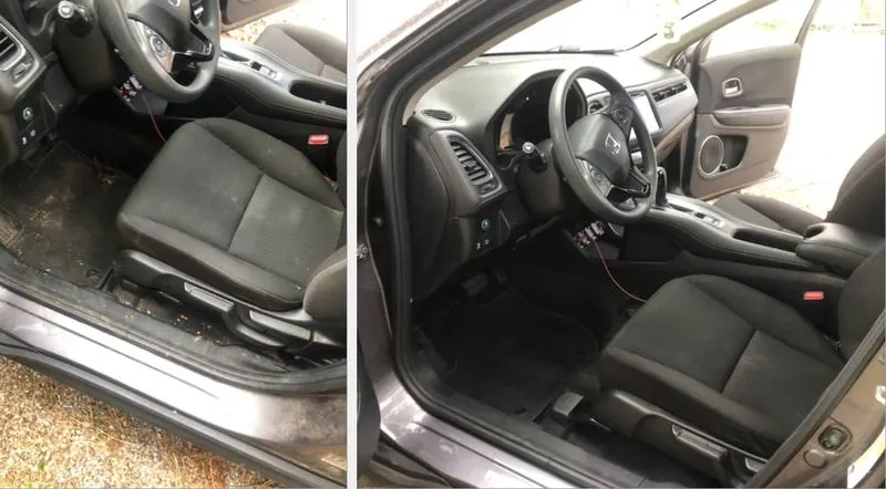 Mobile car detailing in Dilworth and South End, Charlotte, NC: Honda HR-V driver side with a dirty floor before, vacuumed and clean after