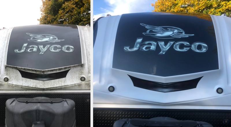 Mobile car detailing in Concord, NC: Jayco RV front cap streaked with dirt and mildew before, bright and clean after