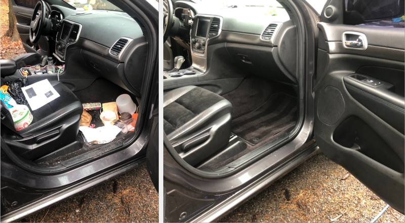 Mobile car detailing in Weddington, NC: Jeep Grand Cherokee passenger side full of trash before, cleaned out and detailed after