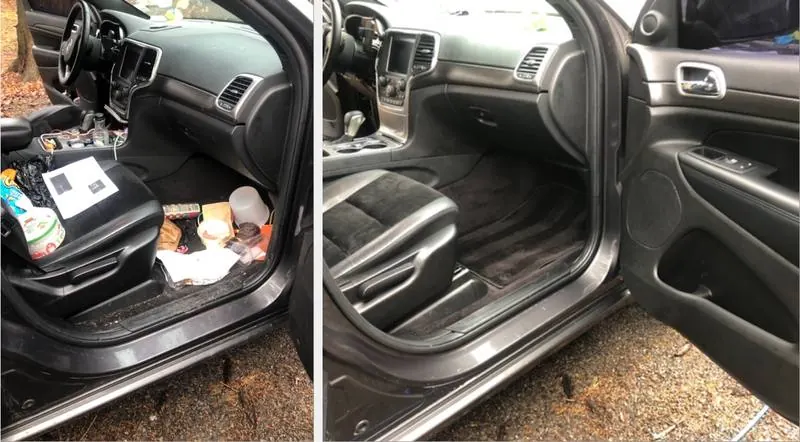 Mobile car smoke odor removal in Charlotte, NC: Jeep Grand Cherokee passenger side full of trash before, cleaned out and detailed after