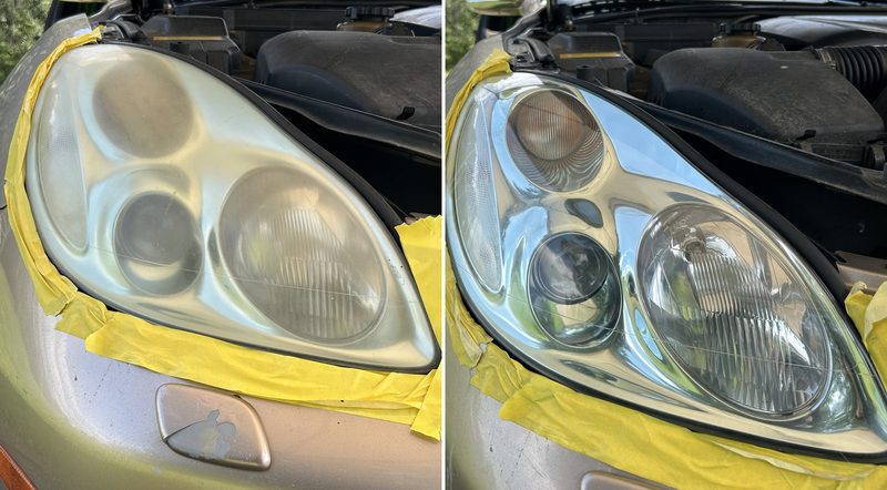 Mobile car detailing in Mint Hill, NC: Gold Lexus SC430 headlight cloudy and oxidized before, clear after restoration