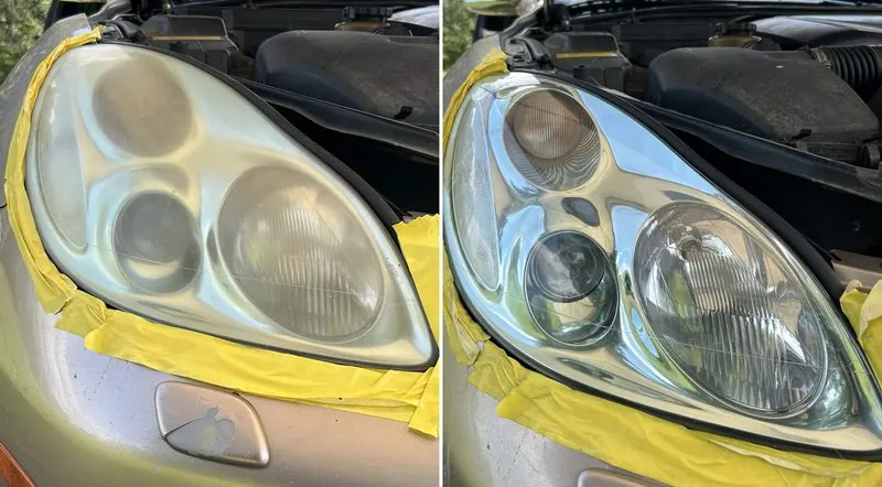Lexus SC 430 headlights heavily yellowed before, clear after restoration