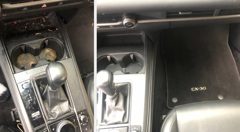 Mobile car detailing in Kannapolis, NC: Mazda CX-30 center console with grimy cup holders before, clean cup holders and floor mat after