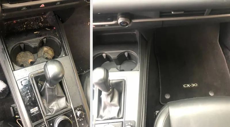 Mazda CX-30 center console with grimy cup holders before and clean after an interior detail