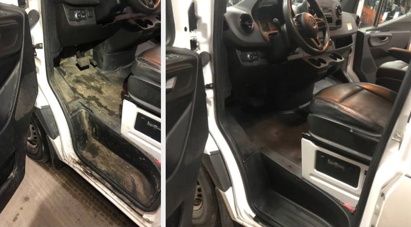 Mobile car detailing in Kannapolis, NC: Mercedes Sprinter van cab with a stained, dirty floor before and clean after