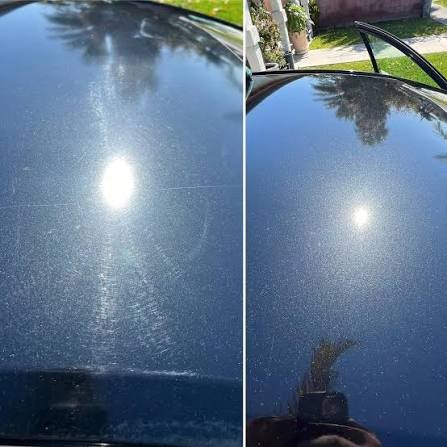 Mobile ceramic coating in Charlotte, NC: Dark paint covered in swirl marks before polishing, clear and glossy after paint correction