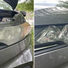 Mobile car detailing in Charlotte, NC: Honda Civic headlight hazy and yellow before, clear after