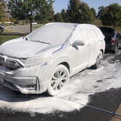 Mobile car detailing in Charlotte, NC: Honda CR-V covered in foam during a hand car wash