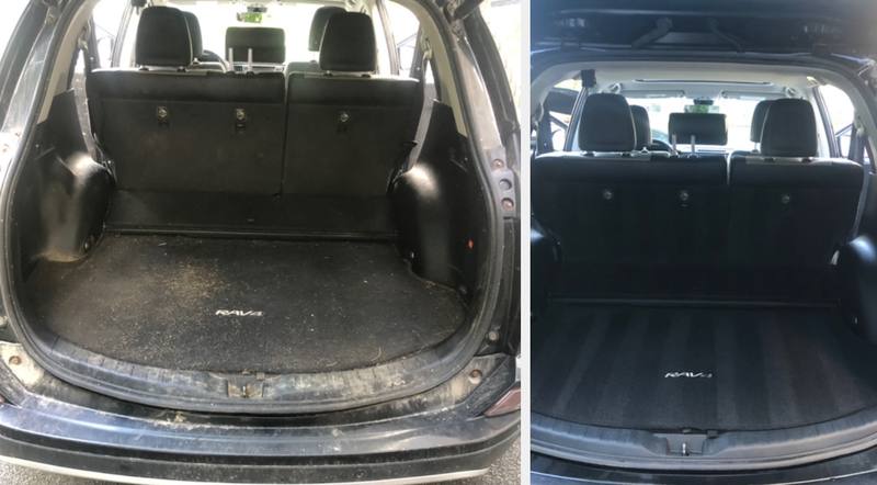 Mobile car detailing in Concord, NC: Toyota RAV4 cargo area covered in dirt and grass before, vacuumed clean after