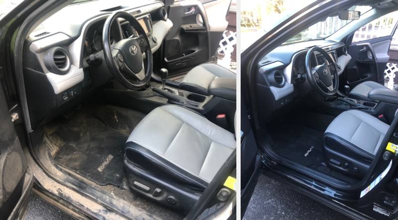 Mobile car detailing in Weddington, NC: Toyota RAV4 driver side before and after an interior detail, muddy floor mat and door sill cleaned