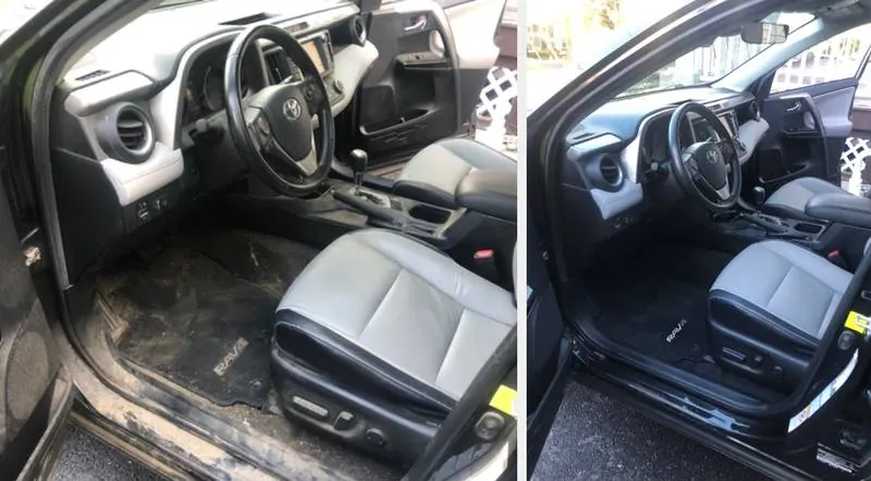 Mobile car detailing in Weddington, NC: Toyota RAV4 driver side before and after an interior detail, muddy floor mat and door sill cleaned