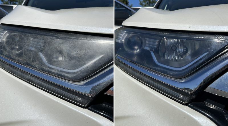 Mobile car detailing in Monroe, NC: White SUV headlight with a spotted, foggy lens before and a clear lens after restoration