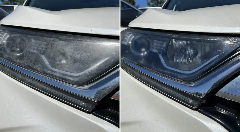 White SUV headlight cloudy before, clear after restoration